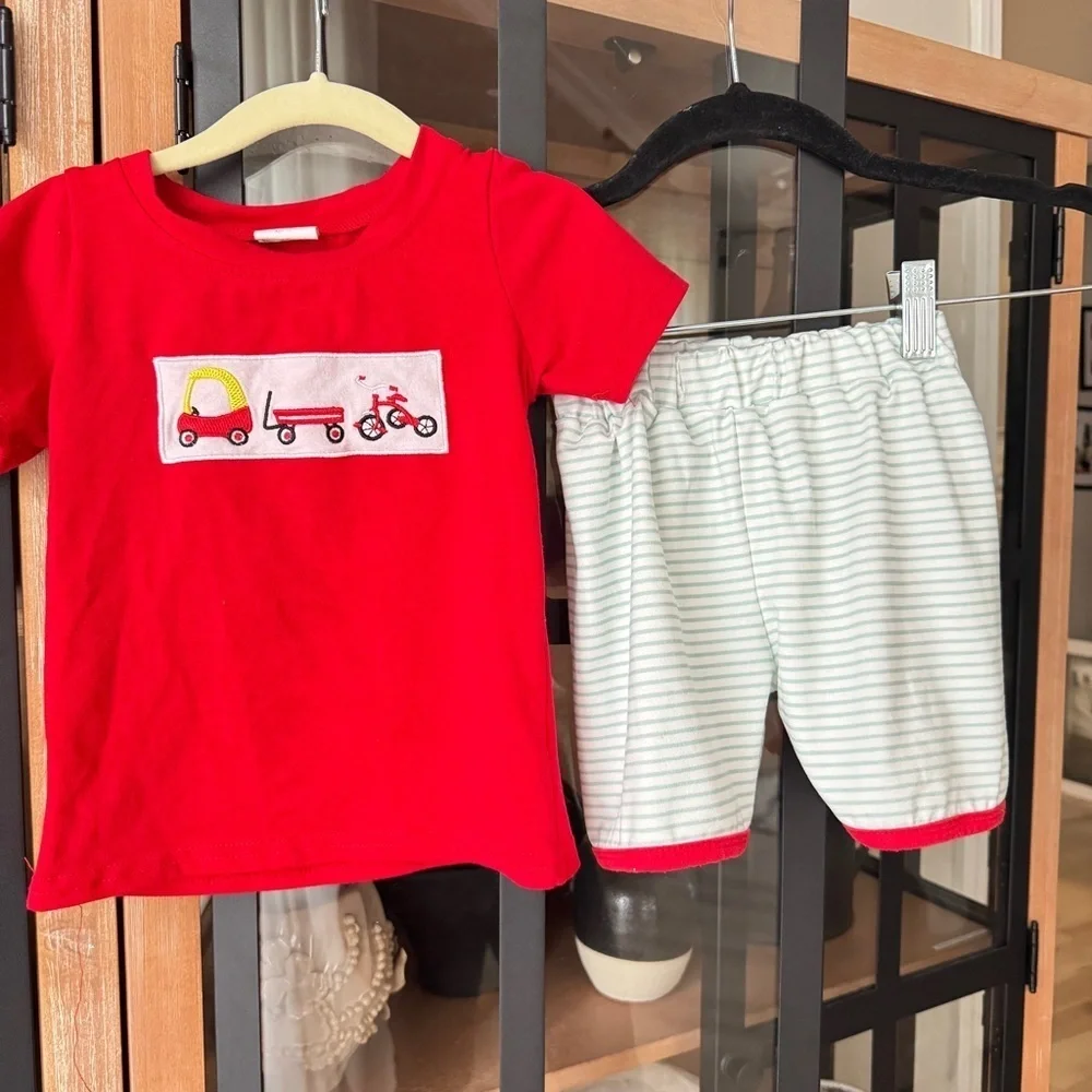 Coupe car smock embroidered set shorts tee toddler boy toys bike wagon applique